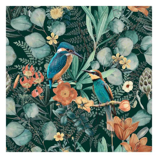 Walpaper - Floral Paradise Kingfisher And Hummingbird