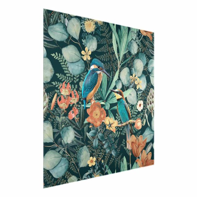 Glass print - Floral Paradise Kingfisher And Hummingbird