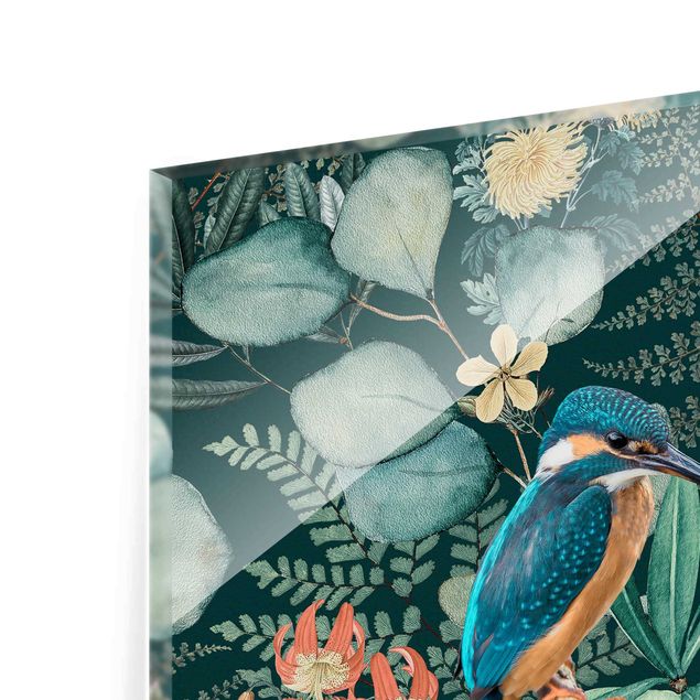 Glass print - Floral Paradise Kingfisher And Hummingbird