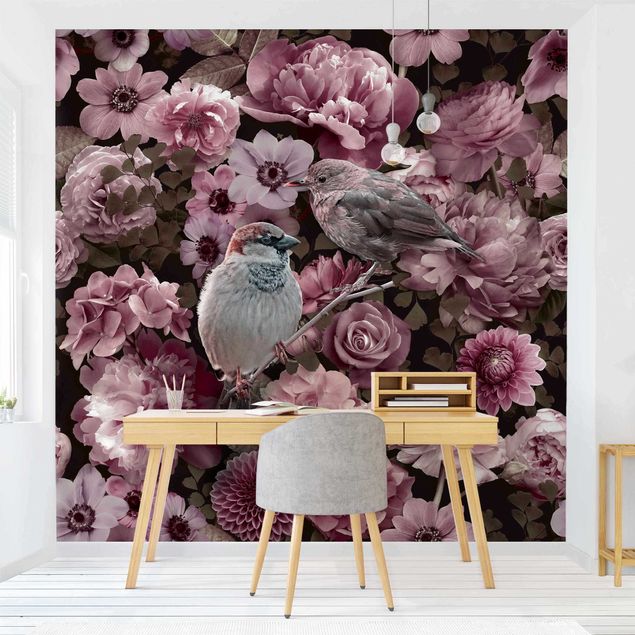 Walpaper - Floral Paradise Sparrow In Antique Pink