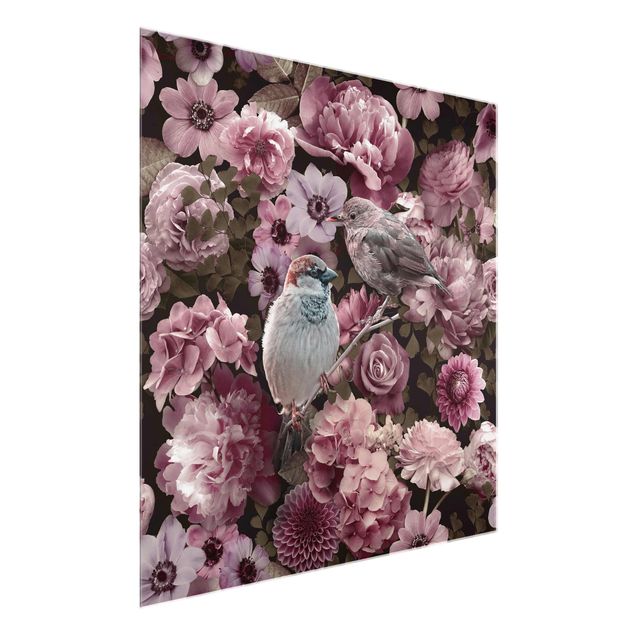 Glass print - Floral Paradise Sparrow In Antique Pink