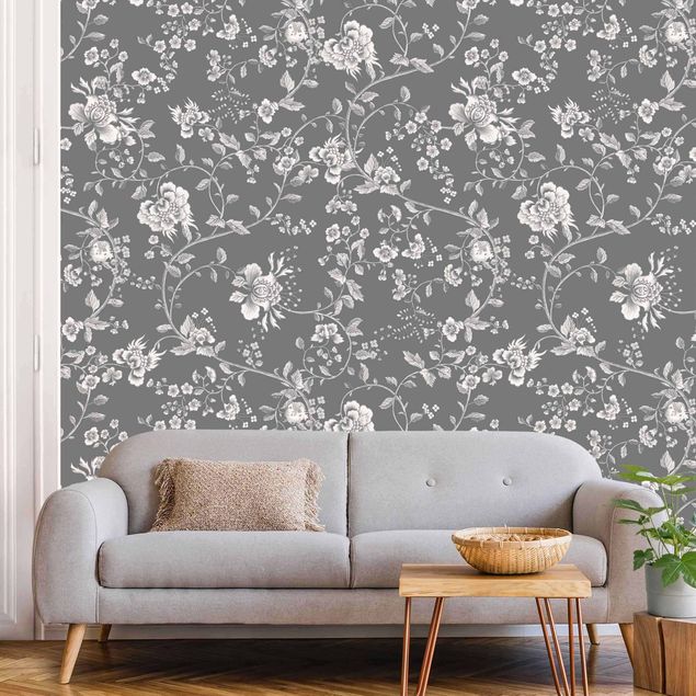 Wallpaper - Flower Tendrils On Gray