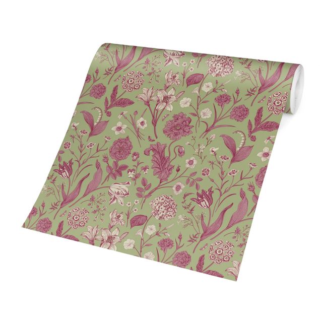Walpaper - Flower Dance In Mint Green And Pink Pastel