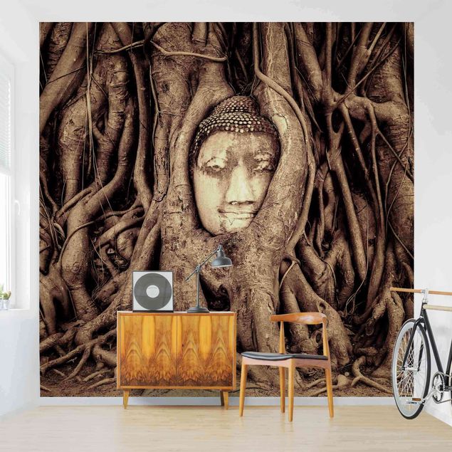 Wallpaper - Buddha In Ayutthaya Lined From Tree Roots In Brown