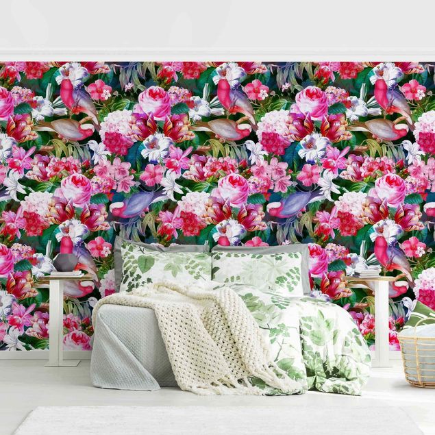 Wallpapers Colourful Tropical Flowers With Birds Pink