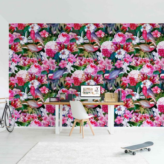 Wallpaper - Colourful Tropical Flowers With Birds Pink