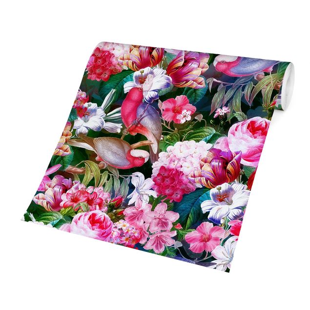 Wallpaper - Colourful Tropical Flowers With Birds Pink