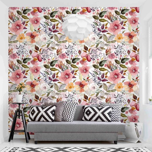Wallpaper - Colourful Flower Mix With Watercolour