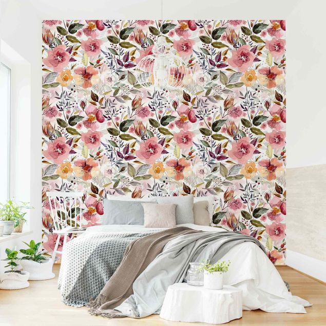 Wallpaper - Colourful Flower Mix With Watercolour