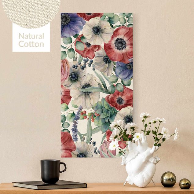 Natural canvas print - Colourful Poppy Watercolour - Portrait format 1:2