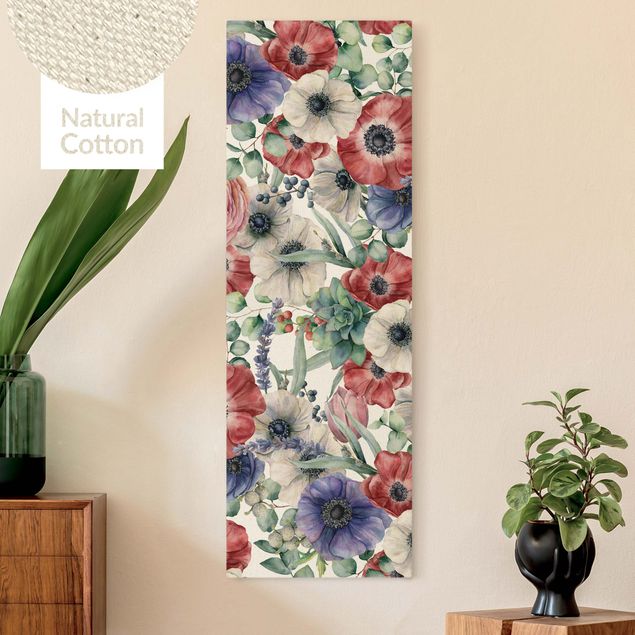 Natural canvas print - Colourful Poppy Watercolour - Portrait format 1:3