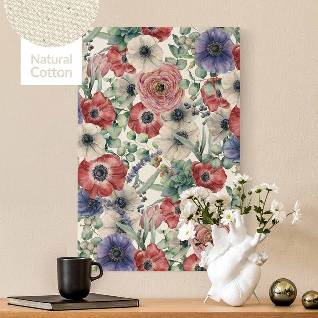 Natural canvas print - Colourful Poppy Watercolour - Portrait format 2:3