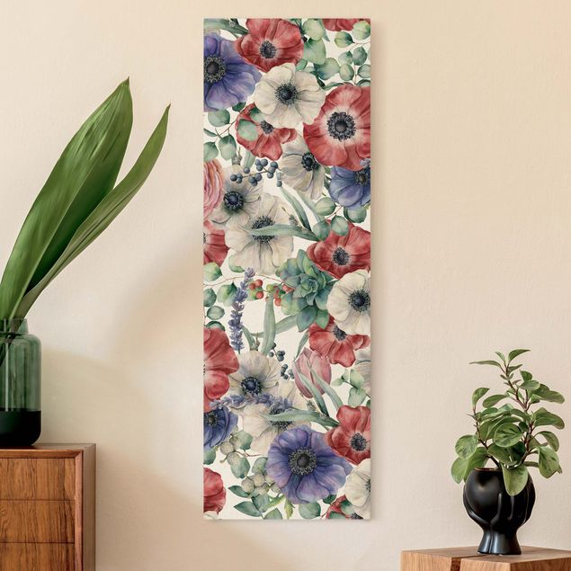 Natural canvas print - Colourful Poppy Watercolour - Portrait format 1:3