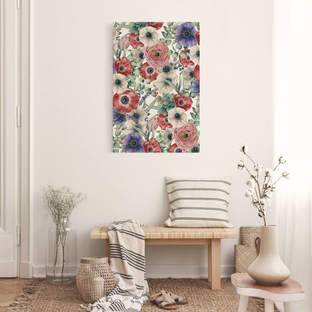Natural canvas print - Colourful Poppy Watercolour - Portrait format 2:3