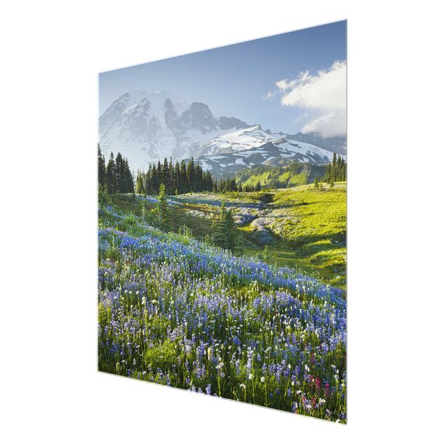Glass print - Mountain Meadow With Red Flowers in Front of Mt. Rainier