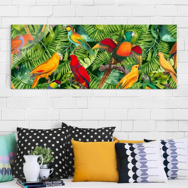 Glas Magnettafel Colourful Collage - Parrots In The Jungle