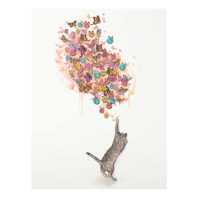 Glass print - Illustration Cat With Colourful Butterflies Painting