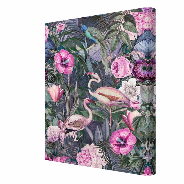 Print on canvas - Colourful Collage - Pink Flamingos In The Jungle