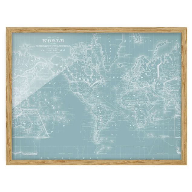 Framed poster - World Map In Ice Blue