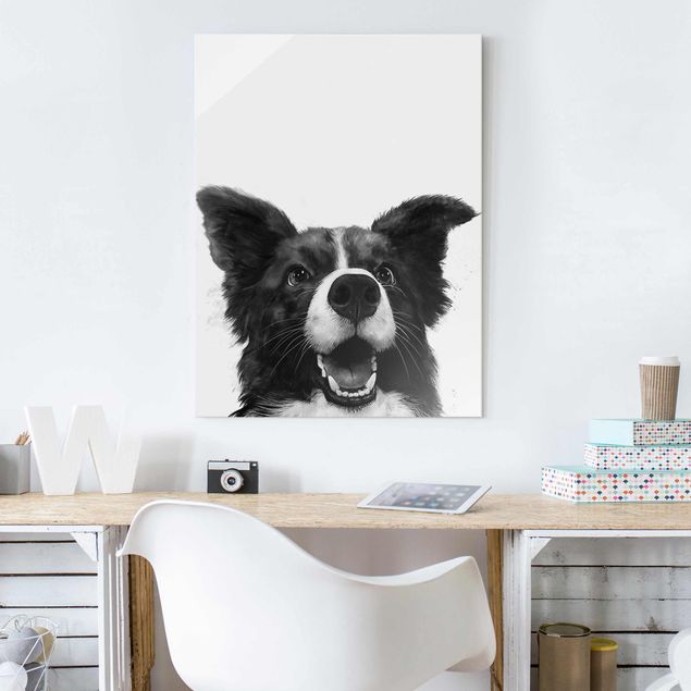 Glas Magnetboard Illustration Dog Border Collie Black And White Painting
