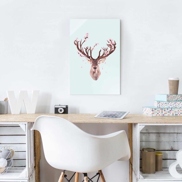 Glas Magnetboard Deer With Cherry Blossoms