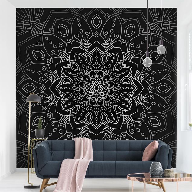 Wallpaper - Mandala Flower Pattern Silver Black