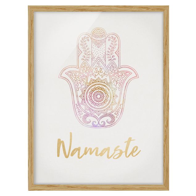 Framed poster - Hamsa Hand Illustration Namaste Gold Light Pink