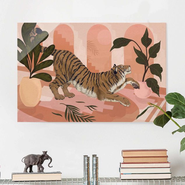 Glass print - Illustration Tiger In Pastel Pink Painting