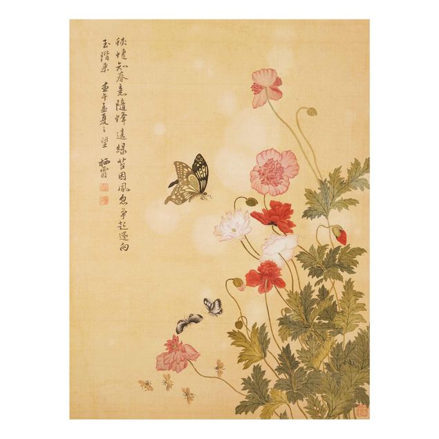 Glass print - Yuanyu Ma - Poppy Flower And Butterfly