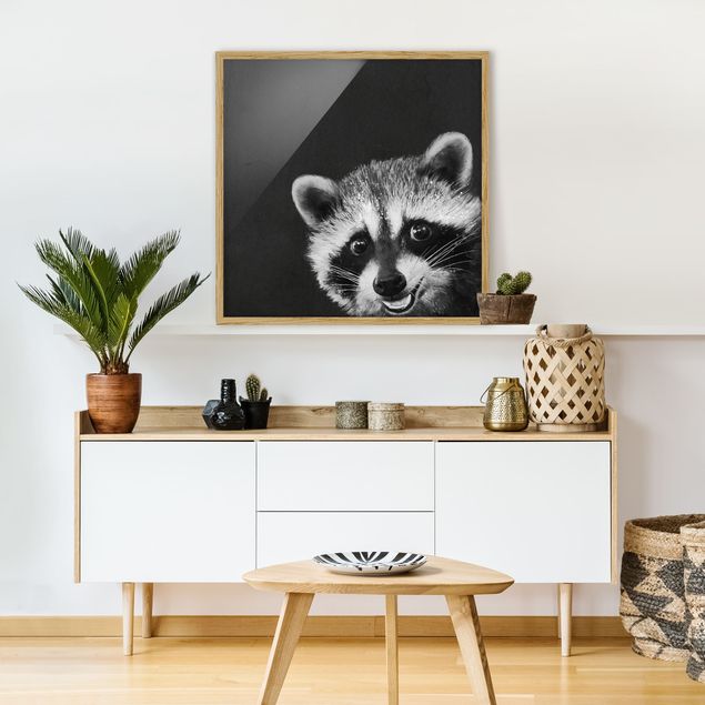 Framed poster - Illustration Racoon Black And White Painting