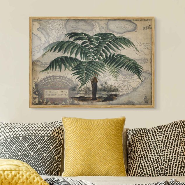 Framed poster - Vintage Collage - Palm And World Map