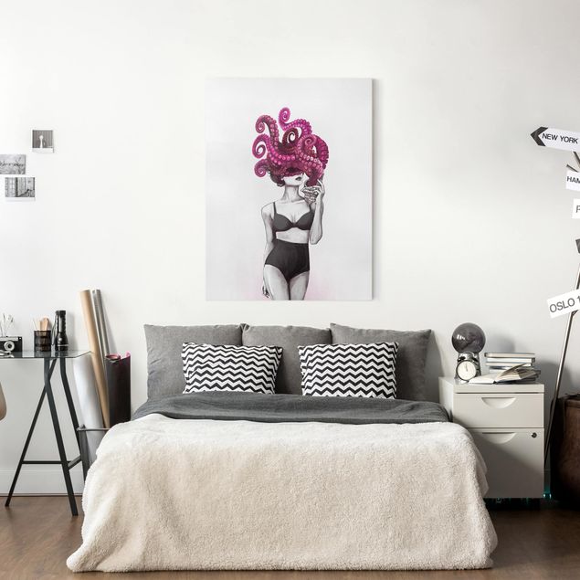 Canvas print - Illustration Woman In Underwear Black And White Octopus
