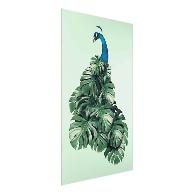 Glass print - Peacock With Monstera Leaves