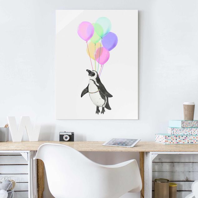 Glas Magnettafel Illustration Penguin Pastel Balloons