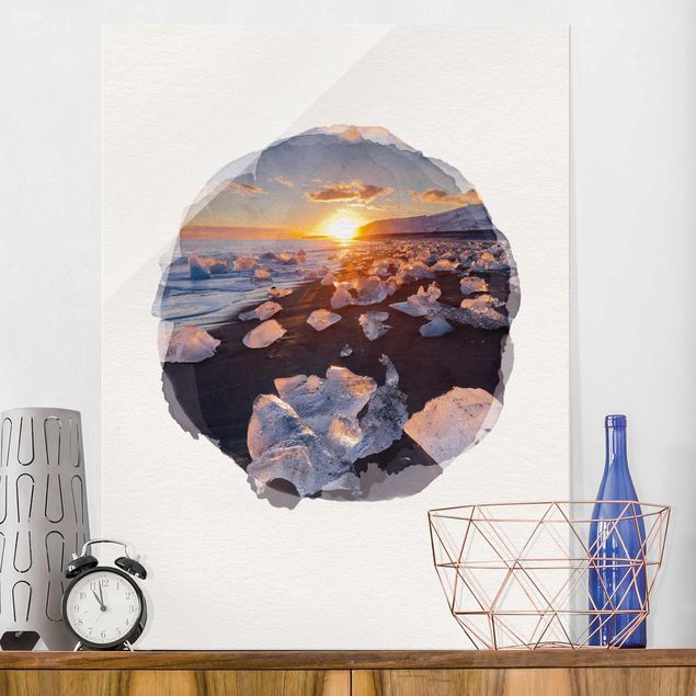 Glass print - WaterColours - Chunks Of Ice On The Beach Iceland