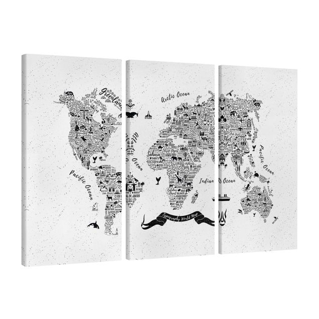 Print on canvas 3 parts - Typography World Map White