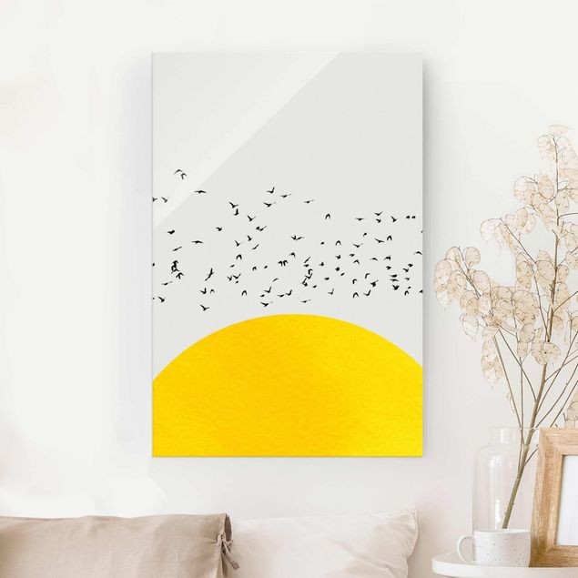 Glas Magnettafel Flock Of Birds In Front Of Yellow Sun