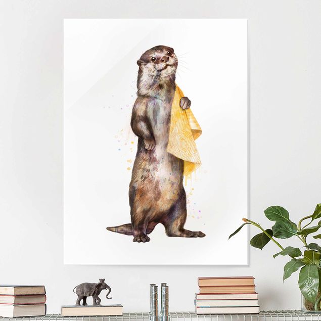 Glass print - Illustration Otter With Towel Painting White