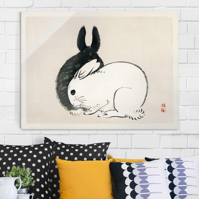 Glas Magnettafel Asian Vintage Drawing Two Bunnies