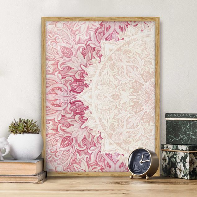Framed poster - Mandala WaterColours Ornament Semicircle Beige Light Pink