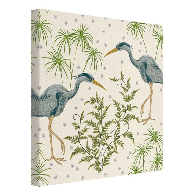 Natural canvas print - Chinoiserie Grey Heron Between Grasses, - Square 1:1