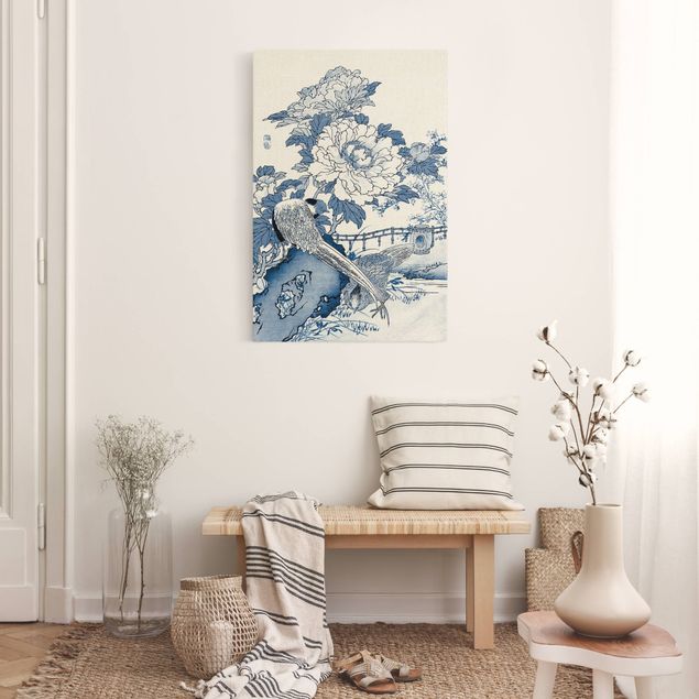 Natural canvas print - Cyanotype Golden Pheasant And Peonies - Portrait format 2:3