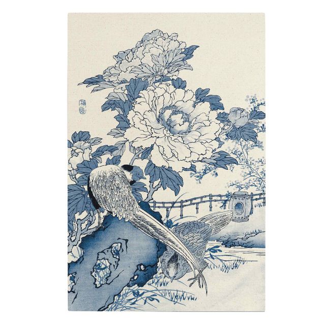 Natural canvas print - Cyanotype Golden Pheasant And Peonies - Portrait format 2:3