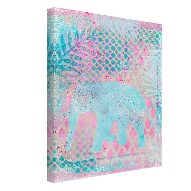 Print on canvas - Colourful Collage - Elephant In Blue And Pink