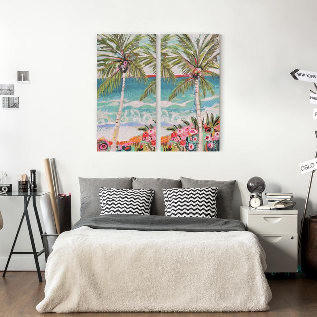 Print on canvas - Palm Tree With Pink Flowers Set I