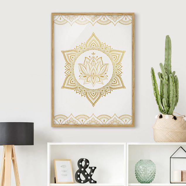 Framed poster - Mandala Lotus Illustration Ornament White Gold