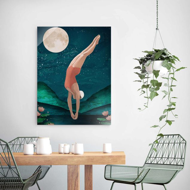 Glas Magnetboard Illustration Bather Woman Moon Painting