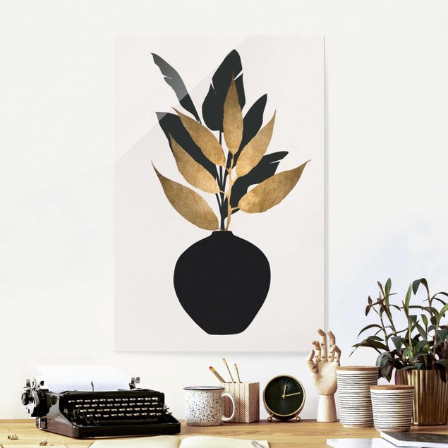 Glas Magnetboard Graphical Plant World - Gold And Black