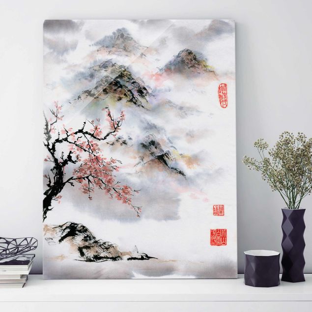 Glas Magnettafel Japanese Watercolour Drawing Cherry Tree And Mountains