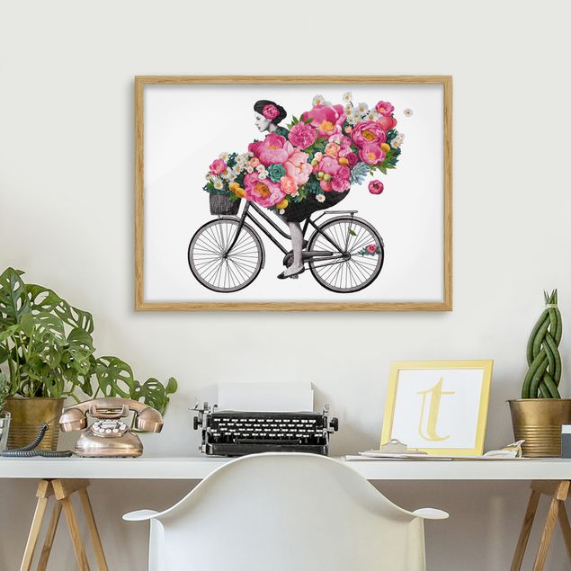 Framed poster - Illustration Woman On Bicycle Collage Colourful Flowers